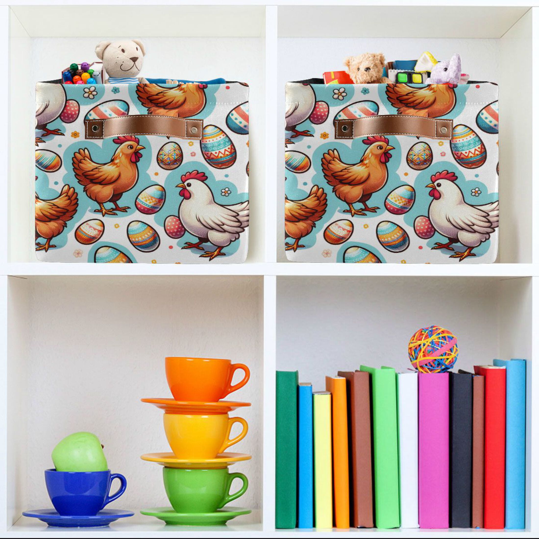 Easter Egg and Chicken Storage Bins with Handle Fabric Organizer Basket Foldable Box 2 Pack 14.2x10.2x8.3