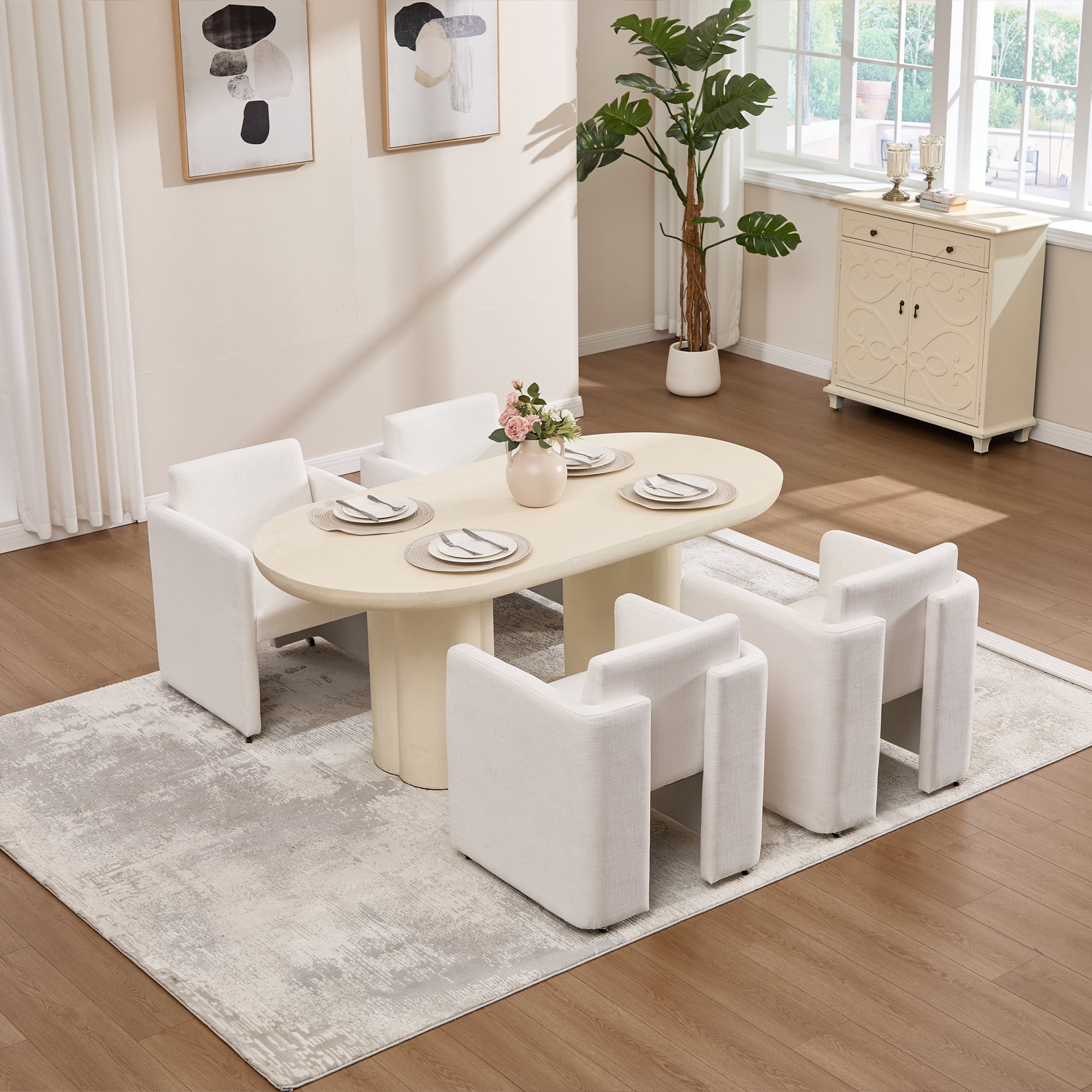 Leumius Modern Barrel Dining Chair, Accent Kitchen Chair with Arms Comfy Linen Fabric, Side Chair for Living Room Home Office Reception, Cream