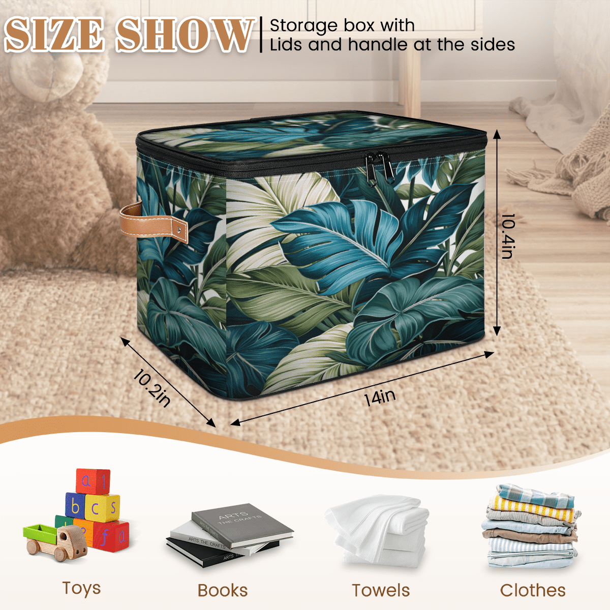 ADECORIVY Blue Green Leaves Storage Bin with Zipper Lid, Fabric Foldable Shelf Baskets Boxes, Closet Lidded Storage Bins, Decorative Clothes Organizer for Bedroom Home