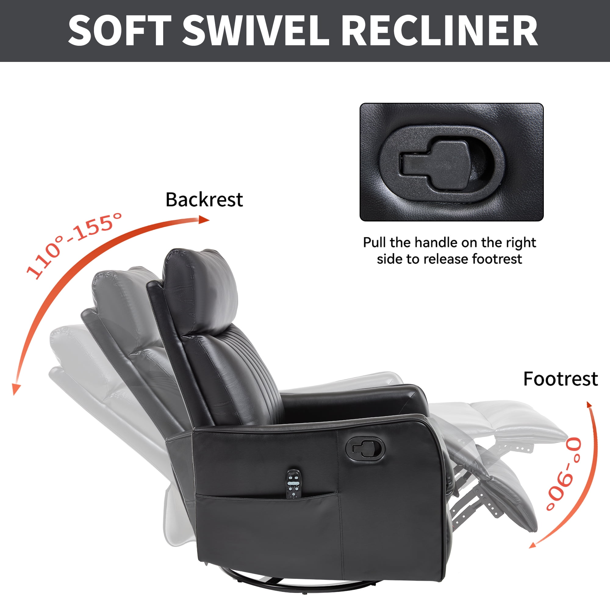 Manual Swivel Rocker Recliner Chair for Adults,Overstuffed Reclining Glider Chair with Vibration Massage & Heat,Upholstered Recliners with Side Pockets for Living Room,Black PU