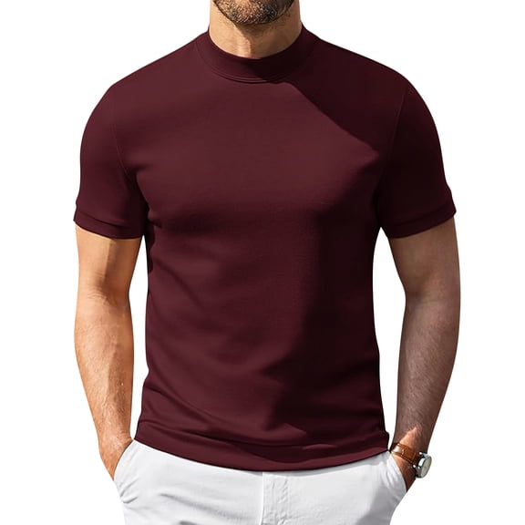 Men's Mock Turtleneck Shirts Short Sleeve Lightweight Soft Basic T-Shirts Solid Pullover Undershirt Tops (Wine,L)