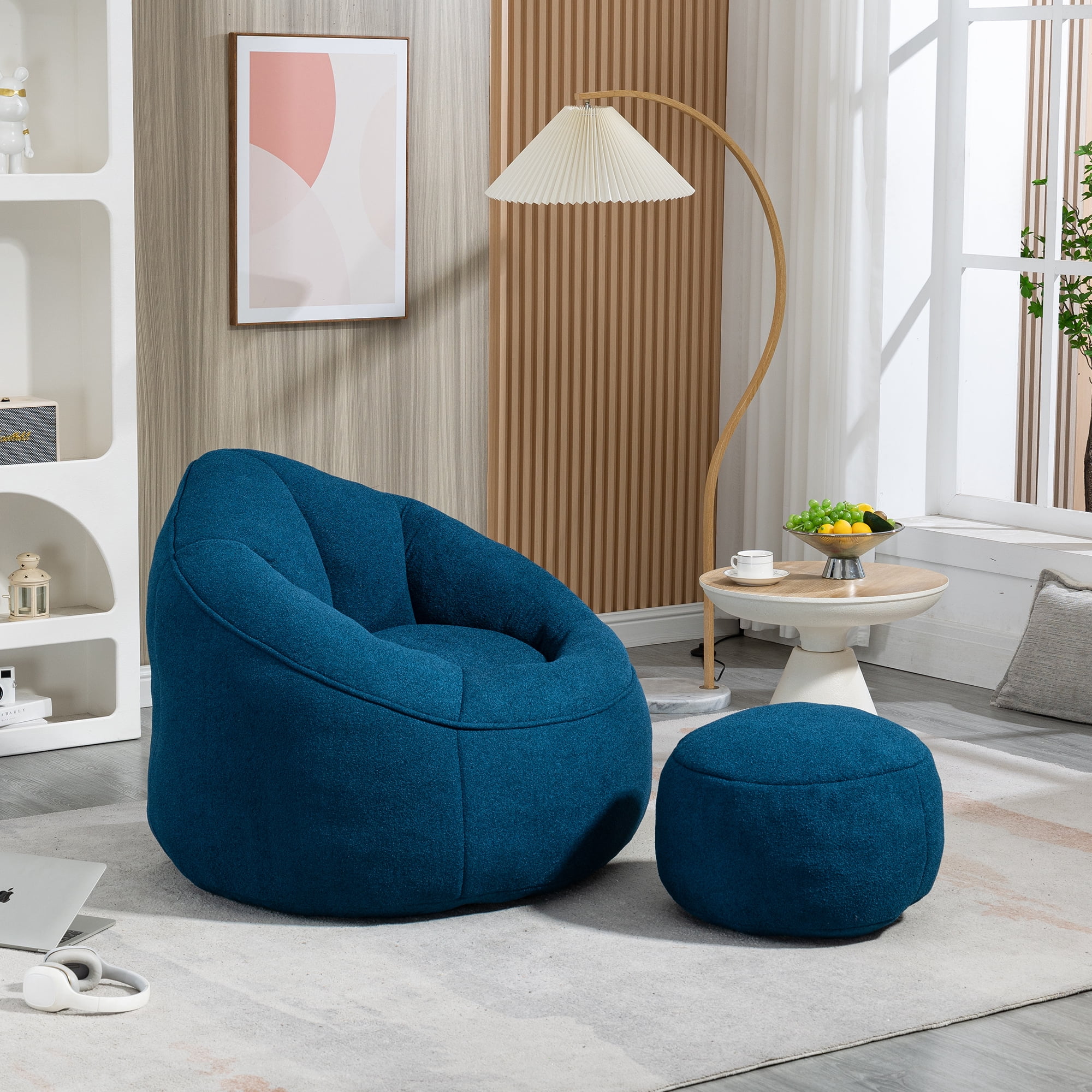 Bean Bag Chair With Footrest,Oversize Lazy Sofa Set with Ottoman,Upholstered Accent Chair Armchair for Adults & Kids,Blue
