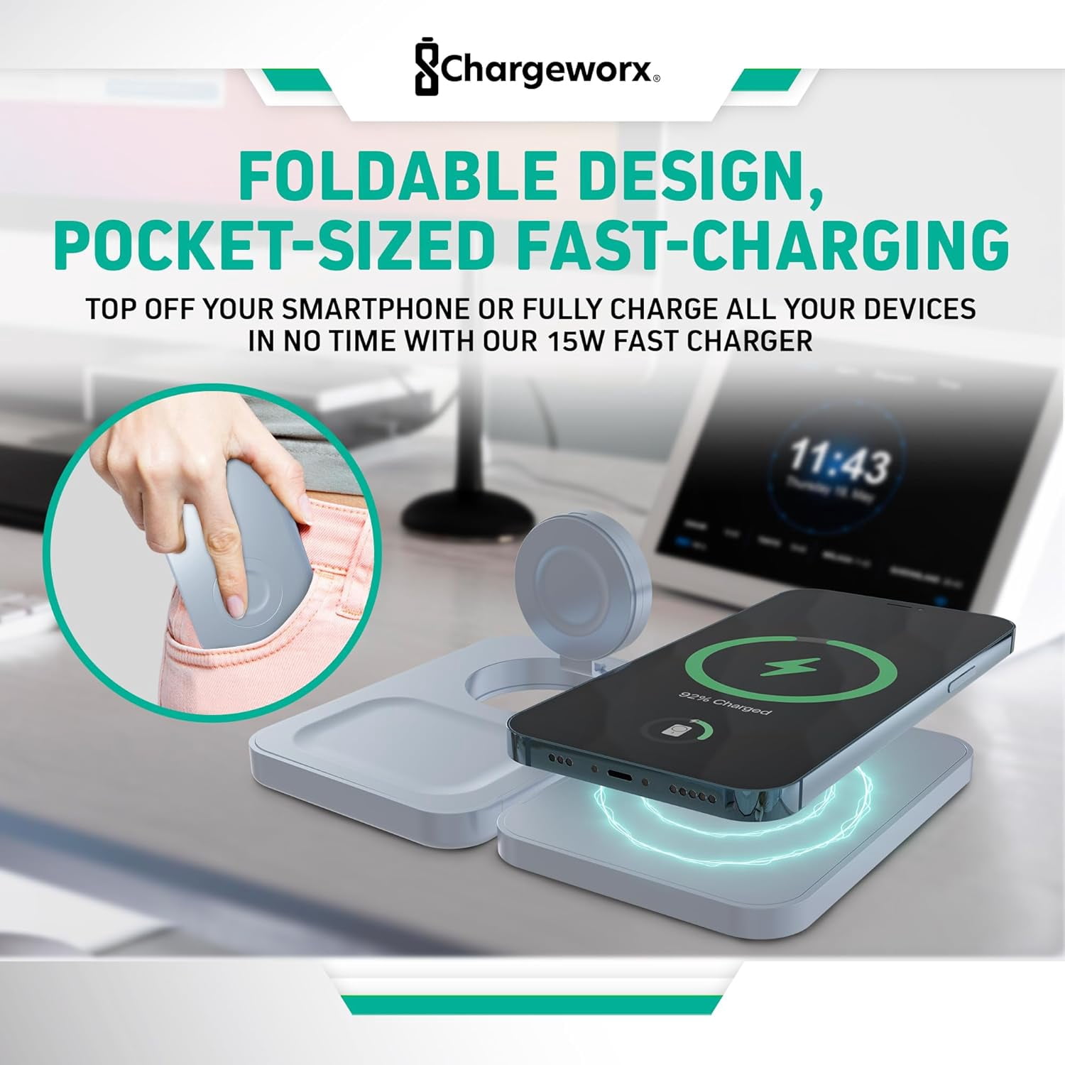 Chargeworx 3-in-1 Wireless Charger, Foldable Magnetic Charging Station, 15W, Blue