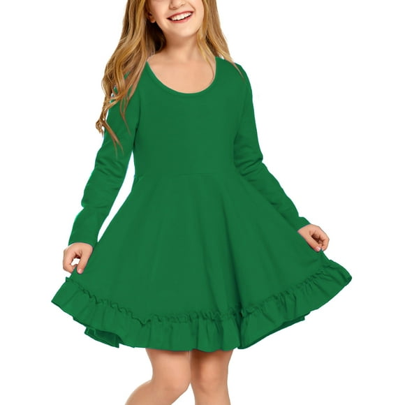 Vestido Arshiner de manga larga para niñas, corte A, verde 3-4T