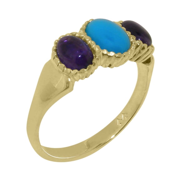 LBG British Made 10k Yellow Gold Natural Turquoise & Amethyst Womens Anniversary Ring - 33 size options - Size 10