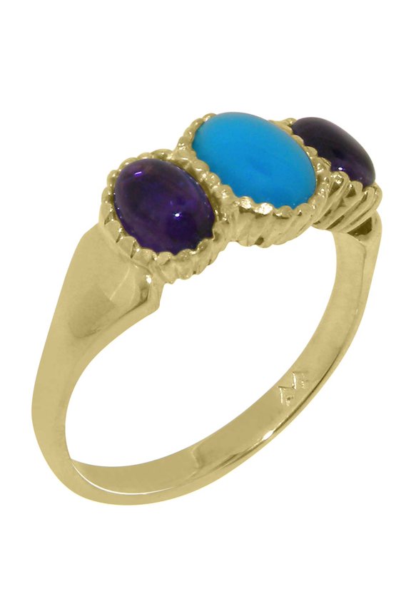 LBG British Made 10k Yellow Gold Natural Turquoise & Amethyst Womens Engagement Ring - 33 size options - Size 4.5