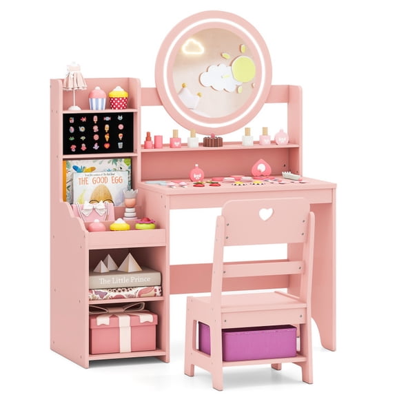Furnibear Kids Vanity Desk with Mirror and Lights Girls Pretend Play Dressing Table and Chair Set for Bedroom, Pink