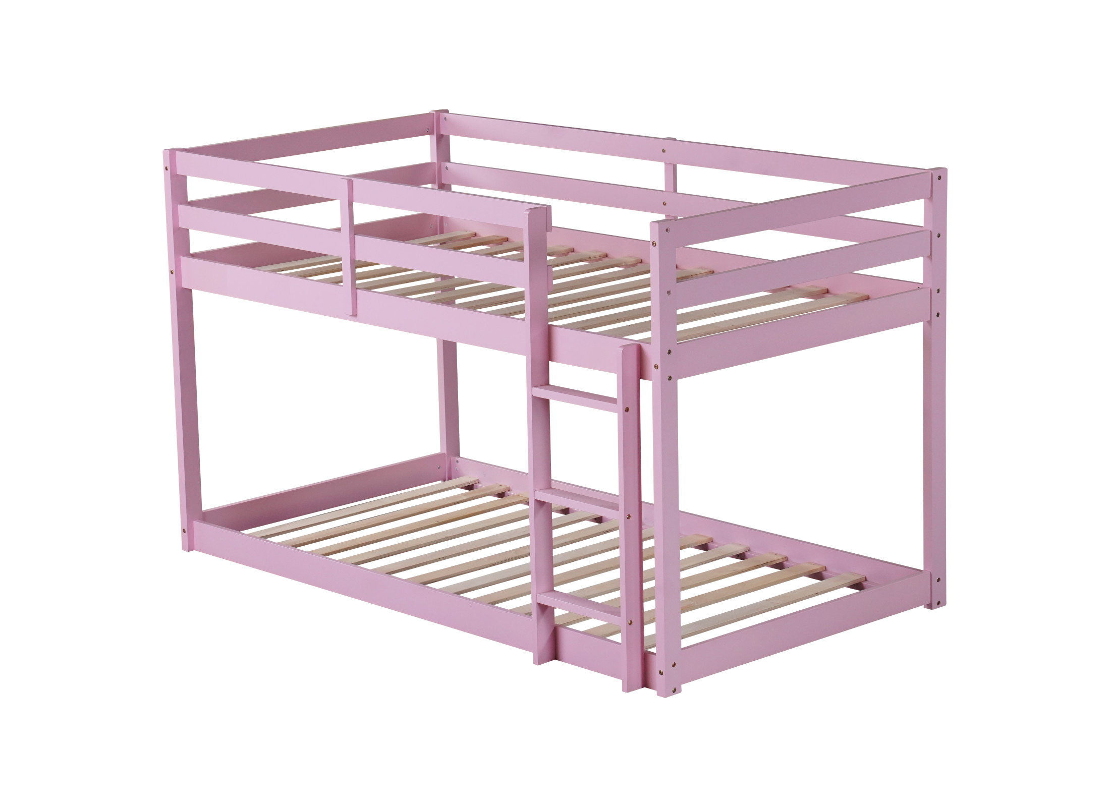 Noble House Alina Twin Over Twin Floor Bunk Bed with Ladder, Solid Rubber Wood Frame with Strengthened Slats, Pink