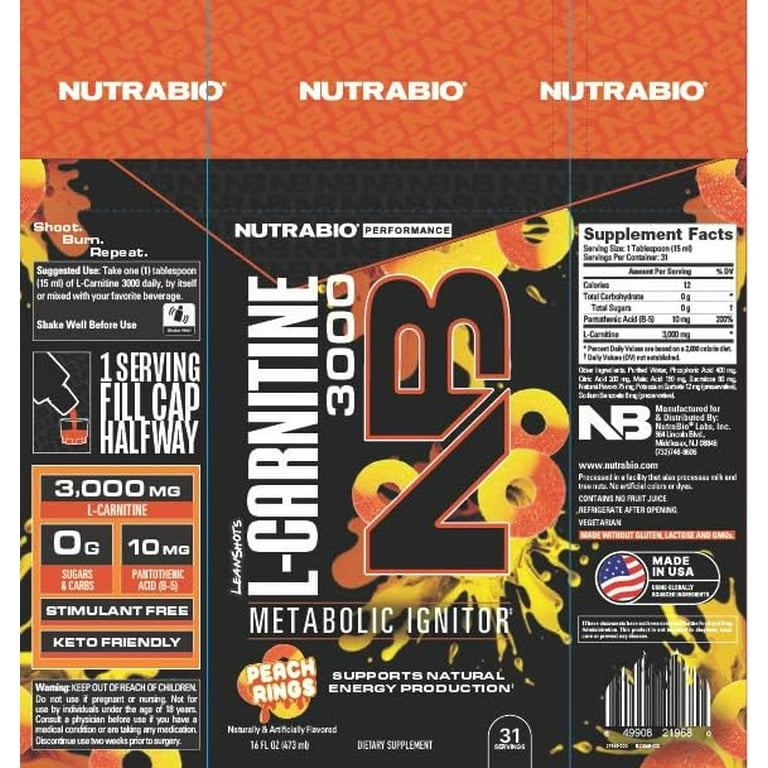 NutraBio  L-Carnitine Liquid Shots  3000mg, (Peach Rings)  10mg of  Vitamin B-5  Zero Carbs & Sugars  Energy Production  Muscle Recovery -  Walmart.com