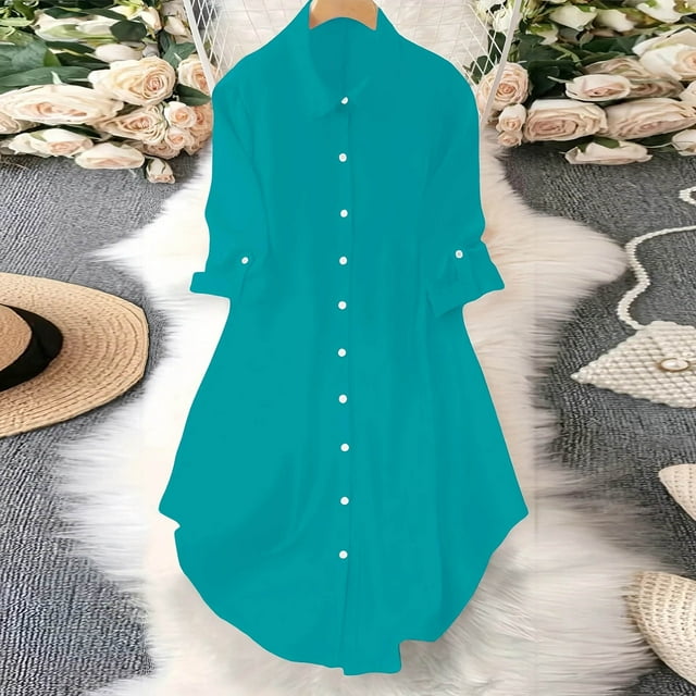 Soki Robe Chemise Boutonnée pour Femmes avec Poches, Col Oversize, Manches Longues, Tunique Asymétrique