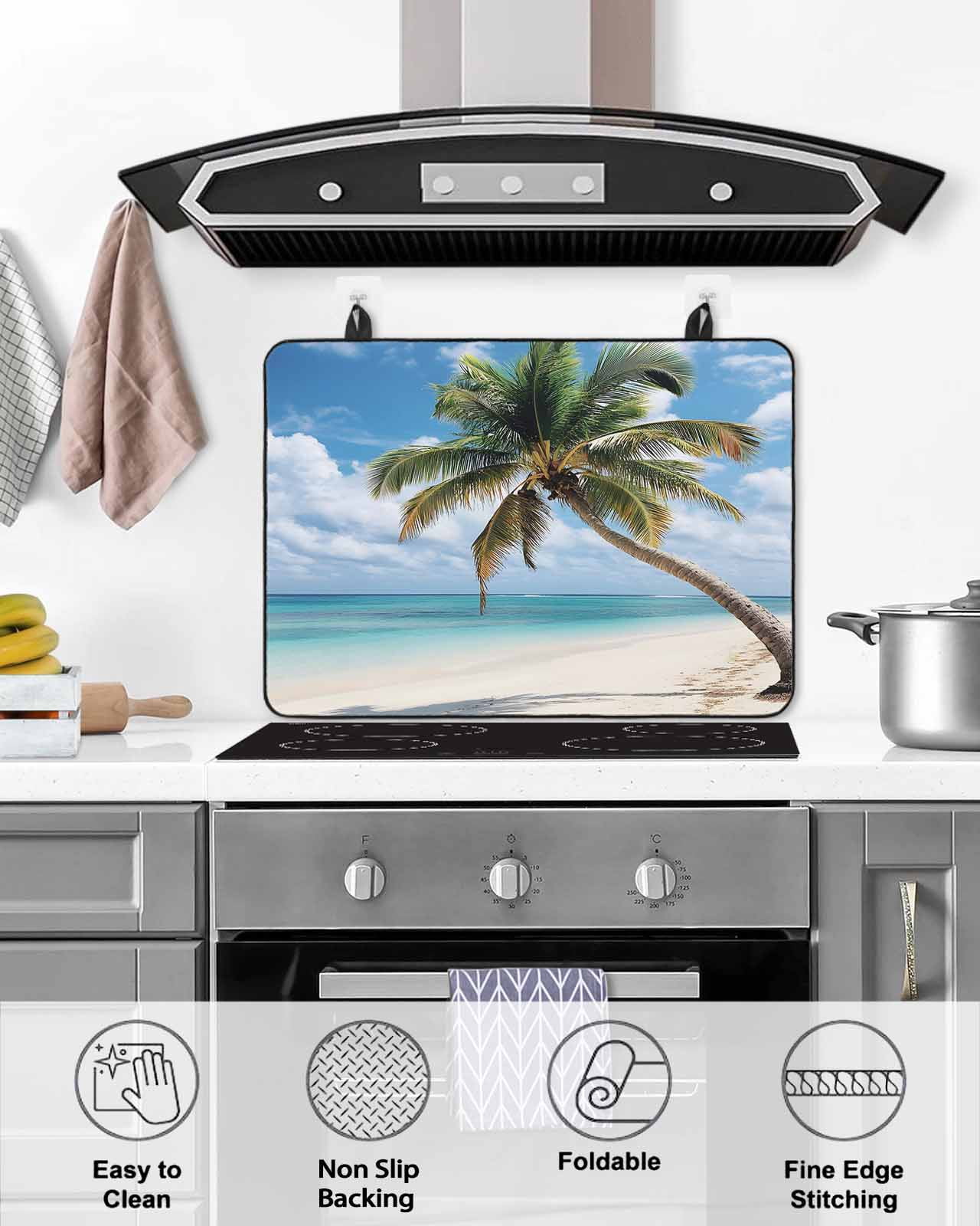 nqOlkjepod Large Induction Cooktop Protector Mat 36"x21", Summer Palm Tree Stove Top Covers for Electric Stove, Sandy Beach Ocean Sky Cloud Plants Stove Burner Cover Mats, Glass Top Stove Cover