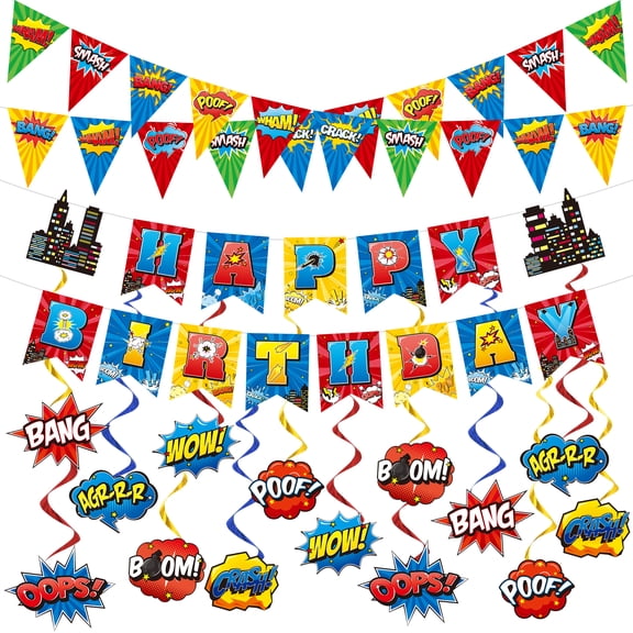 Sinekong Super Theme Party Banner Decorations, Hero Birthday Banner Hanging Swirls for Boys Girls Party Supplies Favor