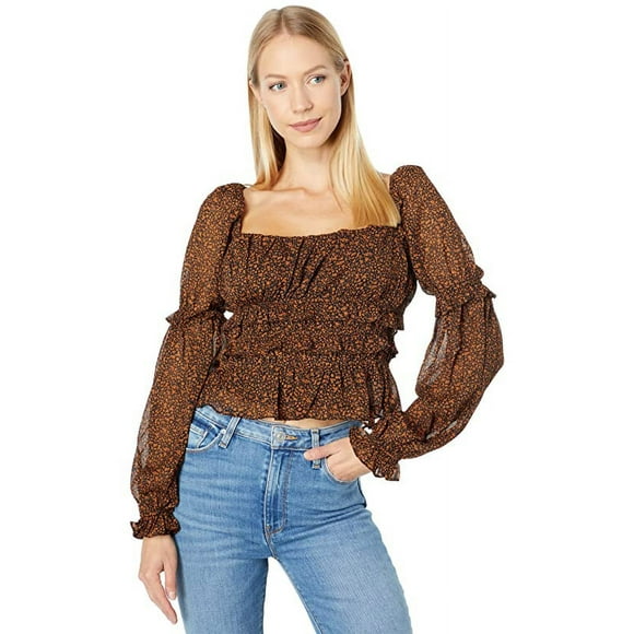 Astr the Label Womens Fairfield Printed Square-Neck Tops, Black Rust Ditsy, Medium