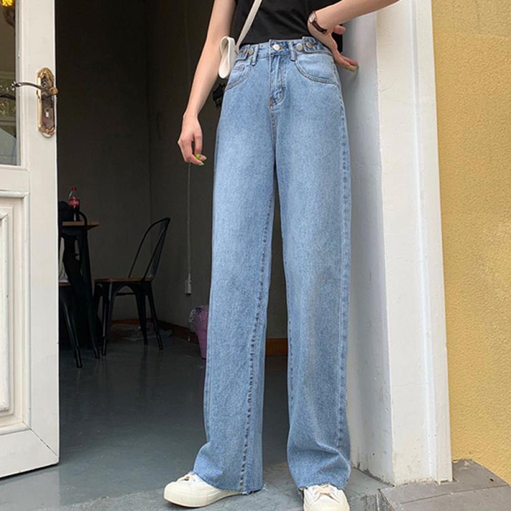 Women High Waist Drop Jeans Wide Leg Loose Straight Casual Loose Cropped Pants Denim Bloomers Elastic Waist/Pockets - image 3 of 7