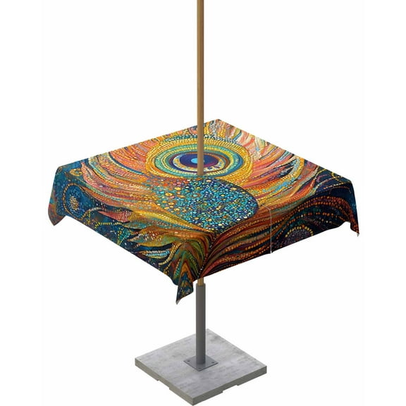 Fsddascl Peacock Feathers Eye Outdoor Tablecloth - 54x54 Inch Square Dining Table Cover, Abstract Vintage Boho Oil Painting Waterproof Outdoor Table Cloth with Umbrella Hole & Zipper for Patio