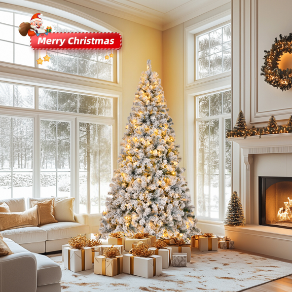 Ktaxon 6FT Pre-lit Christmas Tree, Snow Flocked Artificial Xmas Pine Tree Hinged with 800 Branch Tips, 300 Lights for Indoor Outdoor Decorations