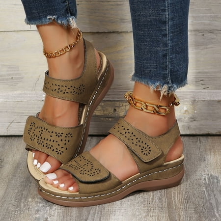 

〖Yilirongyumm〗 Khaki 40 Sandals Women Ladies Summer Fashion Solid Color Hollow Hook&Loop Casual Platform Sandals