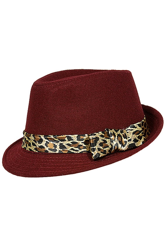 Fedora Hats - Wool-felt Like w/ Leopard Print Band - Red - HT-AHA51743RD