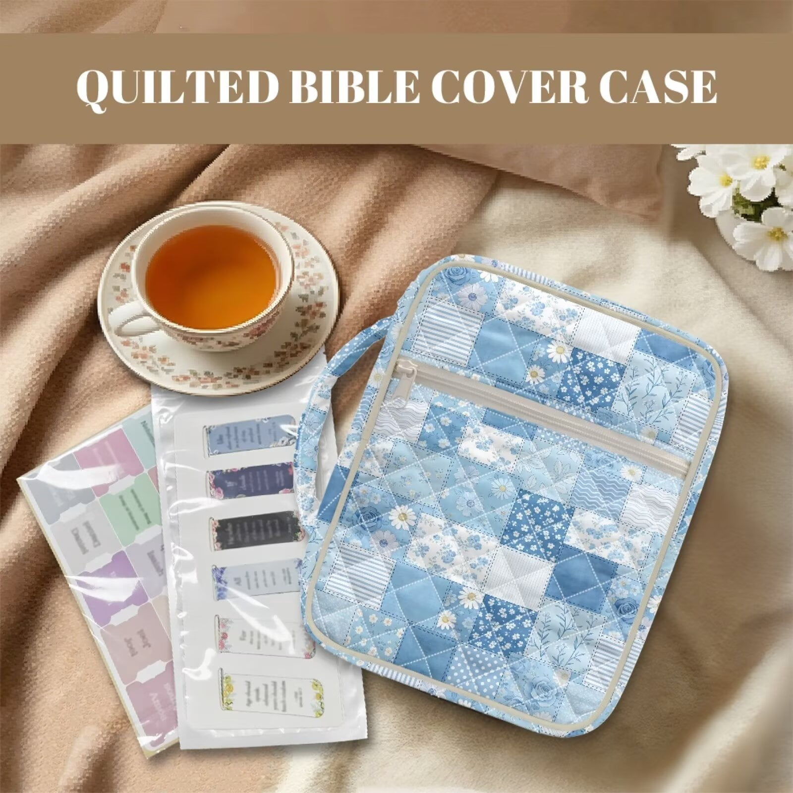 Pzuqiu Blue Daisy Bible Covers with Handle&Bookmark Accessories Elegant Large Capacity Church Scripture Case for Women Carrying Case Study Supplies Accessories for Book Lovers