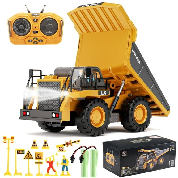 Remote Control Dump Truck, 1:20 Scale RC Construction Vehicles Toy with Metal Bed and Light/Music, 9 Channels Electric Truck Toy Gift for Boys Kids