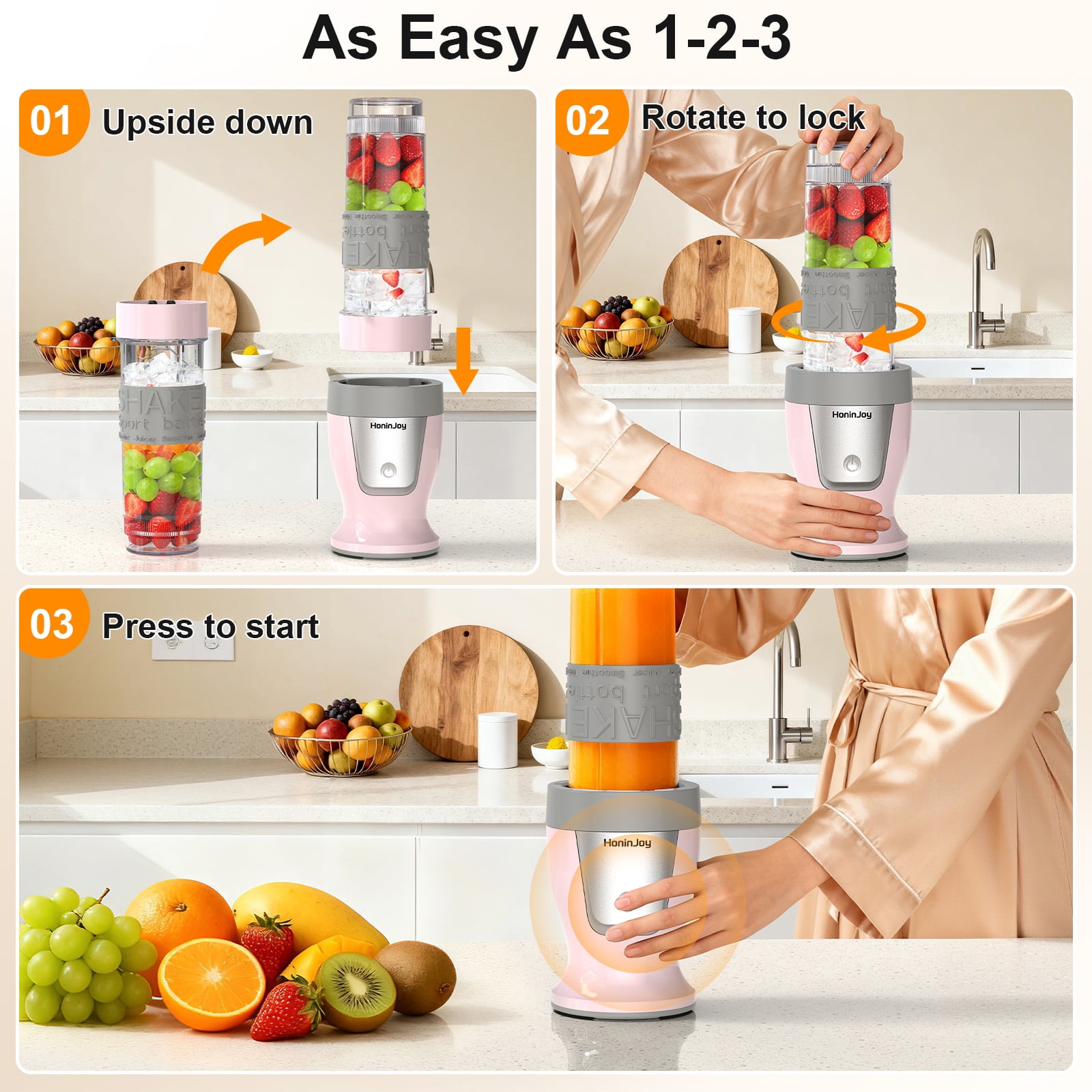 HoninJoy Portable Blender, Compact Personal Blender for-Smoothies, Shakes, Food Prep, and Frozen Blending, 20-oz. Cups and Spout Lids, Grinding Cup