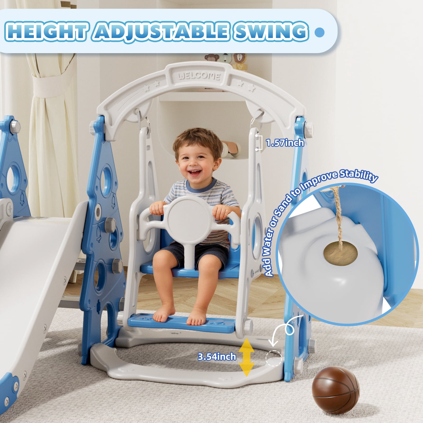 XJD 4-in-1 Toddler Slide and Swing Set, Kids Indoor Outdoor Playset with Basketball Hoop, Backyard Playground for Toddlers 1-3 Years Old, Blue