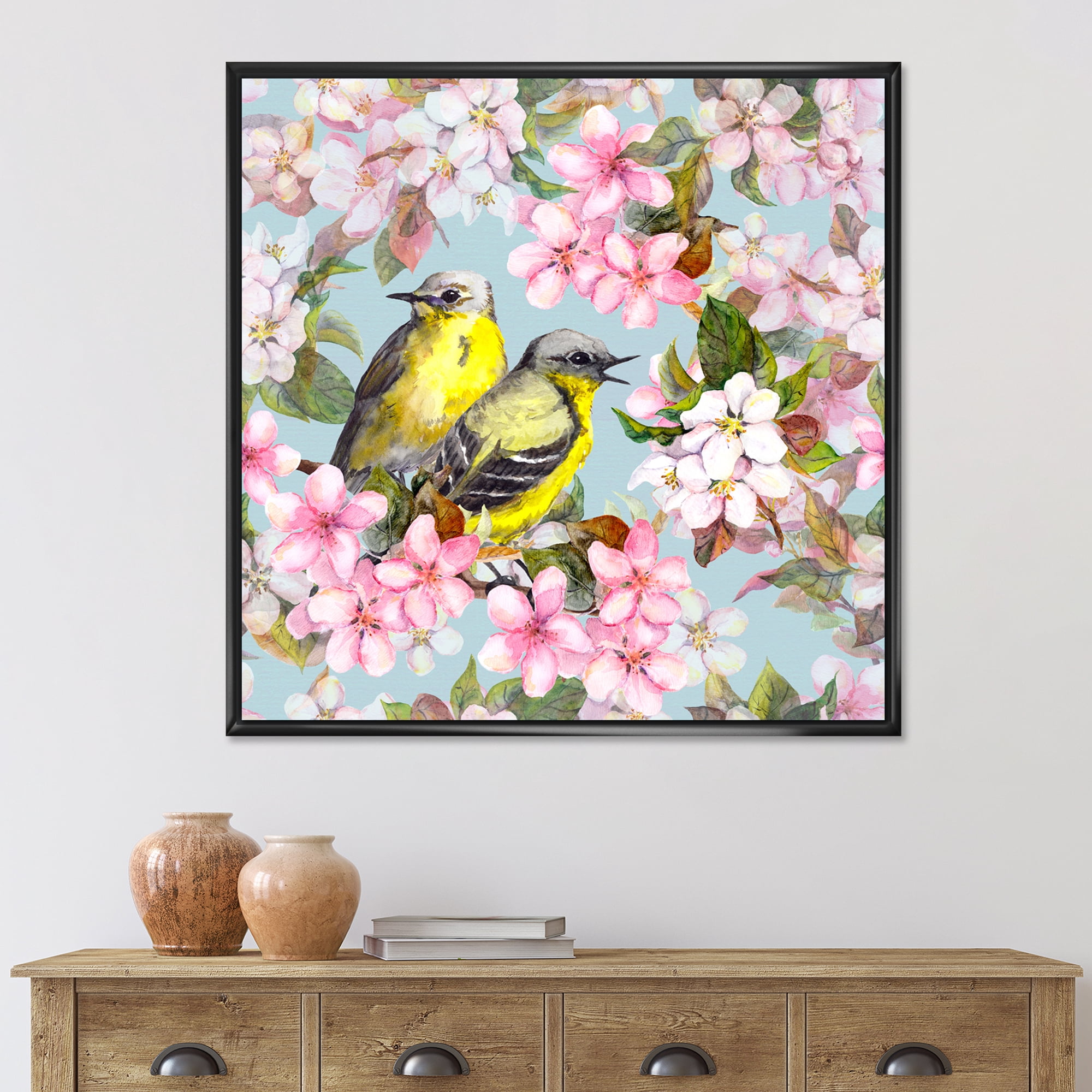 Designart 'Birds On Pink Cherry Sakura and Apple Flowers II' Traditional Framed Canvas Wall Art Print