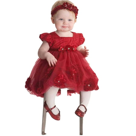 

xingqing 0-3Y Newborn Baby Girls Xmas Floral Dresses Lace Ruffle Bubble Tulle Princess Dress Wedding Party Easter Day Dresses Red 6-12 Months