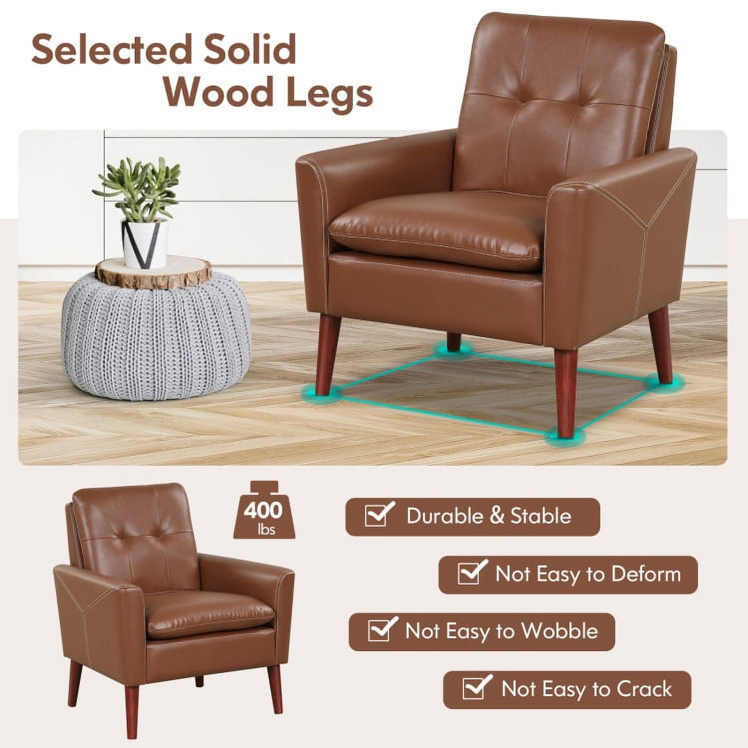 Finihen Upholstered Accent Armchair, Modern PU Leather Accent Chair with Solid Wood Legs, for Living Room, Bedroom, Brown
