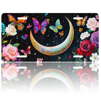 1 Pcs 2D Flat License Plate Covers & Frames, Moon with Butterflies For Decorative Front, Waterproof For Decoration Aluminum License Plate Covers & Frames Cover For Men Women, 12" X 6"