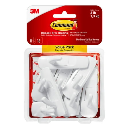 Along Power Puller 3 Hooks - 3M Command Damage-Free Medium Utility Hooks, Holds 3 lbs, Decorate without Tools, Indoor, 8 Hooks, Value Pack (17001-8ES)
