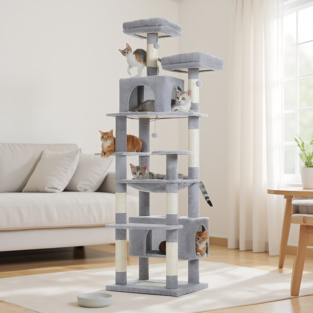 Pefilos 81" Tall Cat Tree for Large Cats, Heavy Duty Cat Tower with 2 Perches, 2 Condos and Spacious Hammock, Large Condo with 7 Scratching Posts, Gray