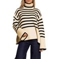 thumbnail image 1 of XINQIHANG Women's Striped Turtleneck Sweater Long Sleeve Oversized Knitted Soft Pullover Sweaters Side Split, 1 of 5