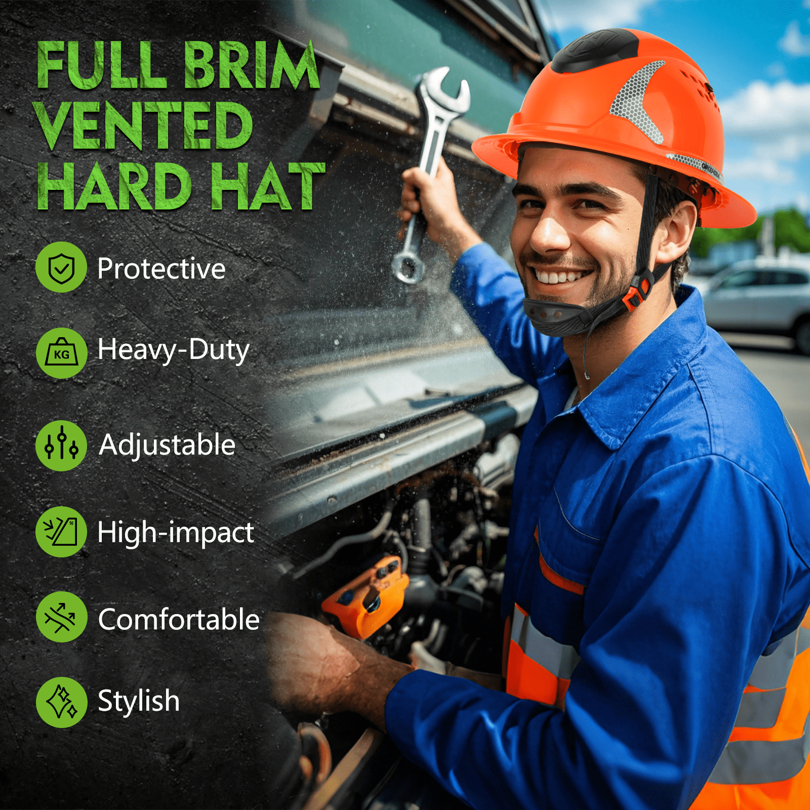 GREEN DEVIL Full Brim Hard Hat ANSI Z89.1 Type 1 Class C Certified Vented Construction Helmet with 6-Point Ratchet Suspension for Men Women