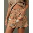 thumbnail image 3 of Brown Floral Print High-Waist Button-Front Scalloped Hem A-Line Denim Mini, 3 of 17