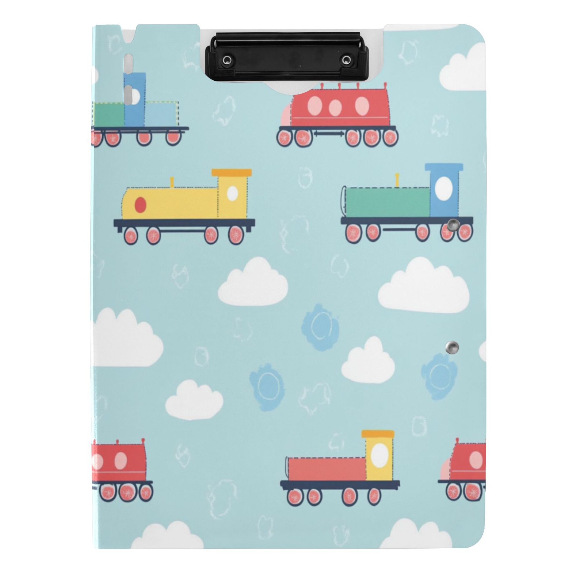 FORMRS A4 Clipboard Folder with Pen Holder Horizontal Foldable School Office Binder, Blue Trains Pattern