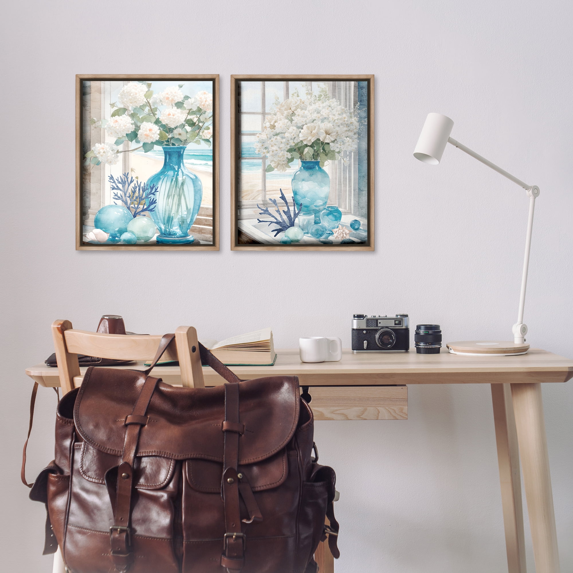 Stupell Industries Sea Glass Coral Beach Bouquet Plants & Flowers Painting Brown Floater Framed Canvas Art Print Wall Art, 17 x 21, Set of 2