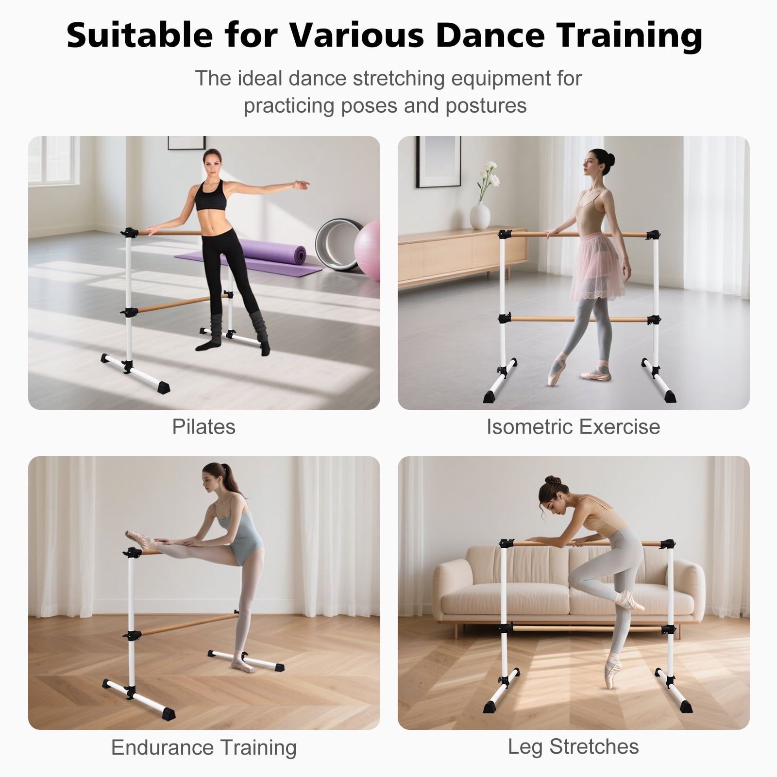 EUROCO 4FT Double Benchwood Ballet Barre, Freestanding and Adjustable Dance Barre