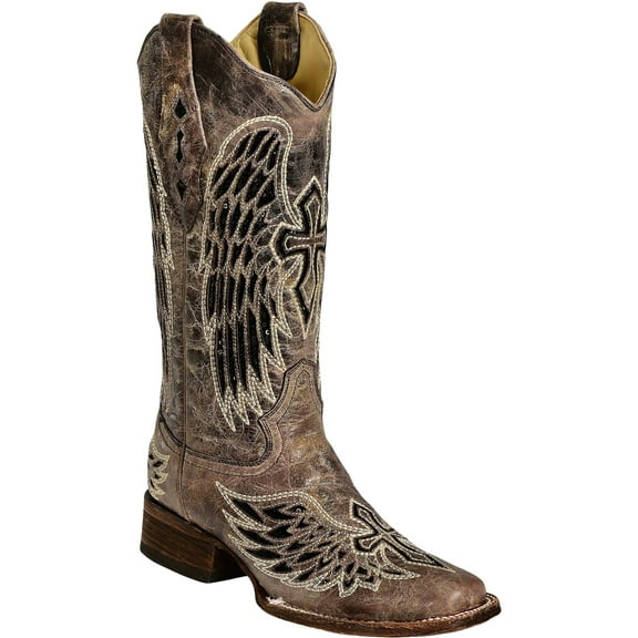 Corral Women's Sequin Wing And Cross Inlay Western Boot Square Toe Black 7 1/2 W  US