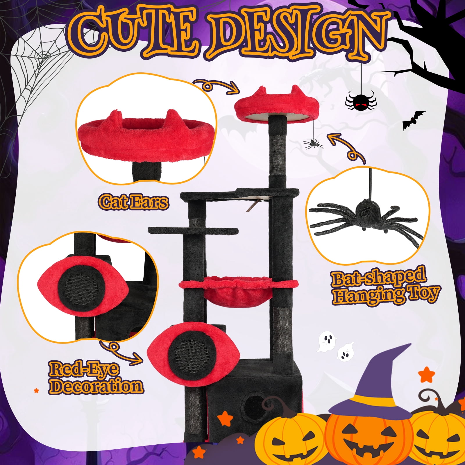 Zimtown 5-Layer Halloween Cat Tree with Scratching Post, Plush Cave Bed & Glow Eyes, Black & Red