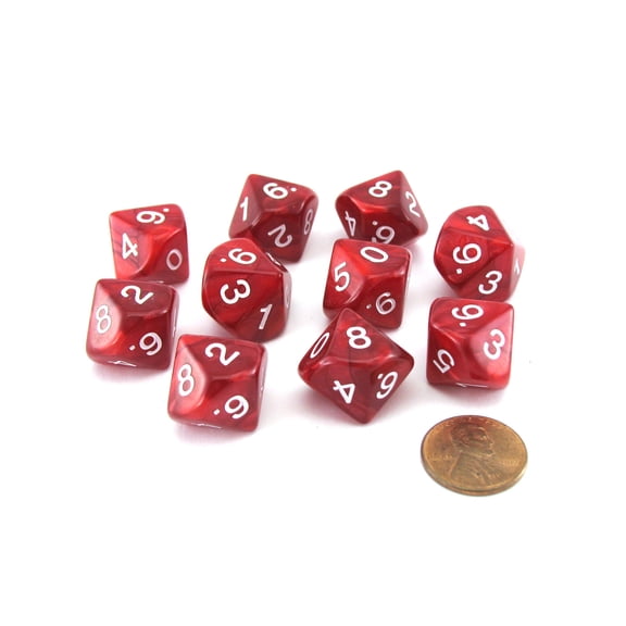 Red Pearlized Dice with White Numbers D10 16mm (5/8in) Pack of 10 Koplow Games