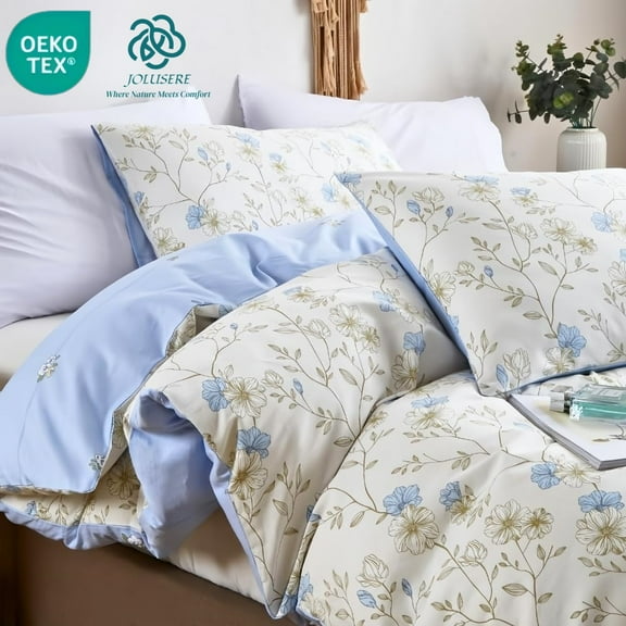 JOLUSERE Ensemble de Housse de Couette en Coton Biologique 100 %, 3 Pcs Bleu Floral Vintage Réversible Ensemble de Literie Doux Grand Lit