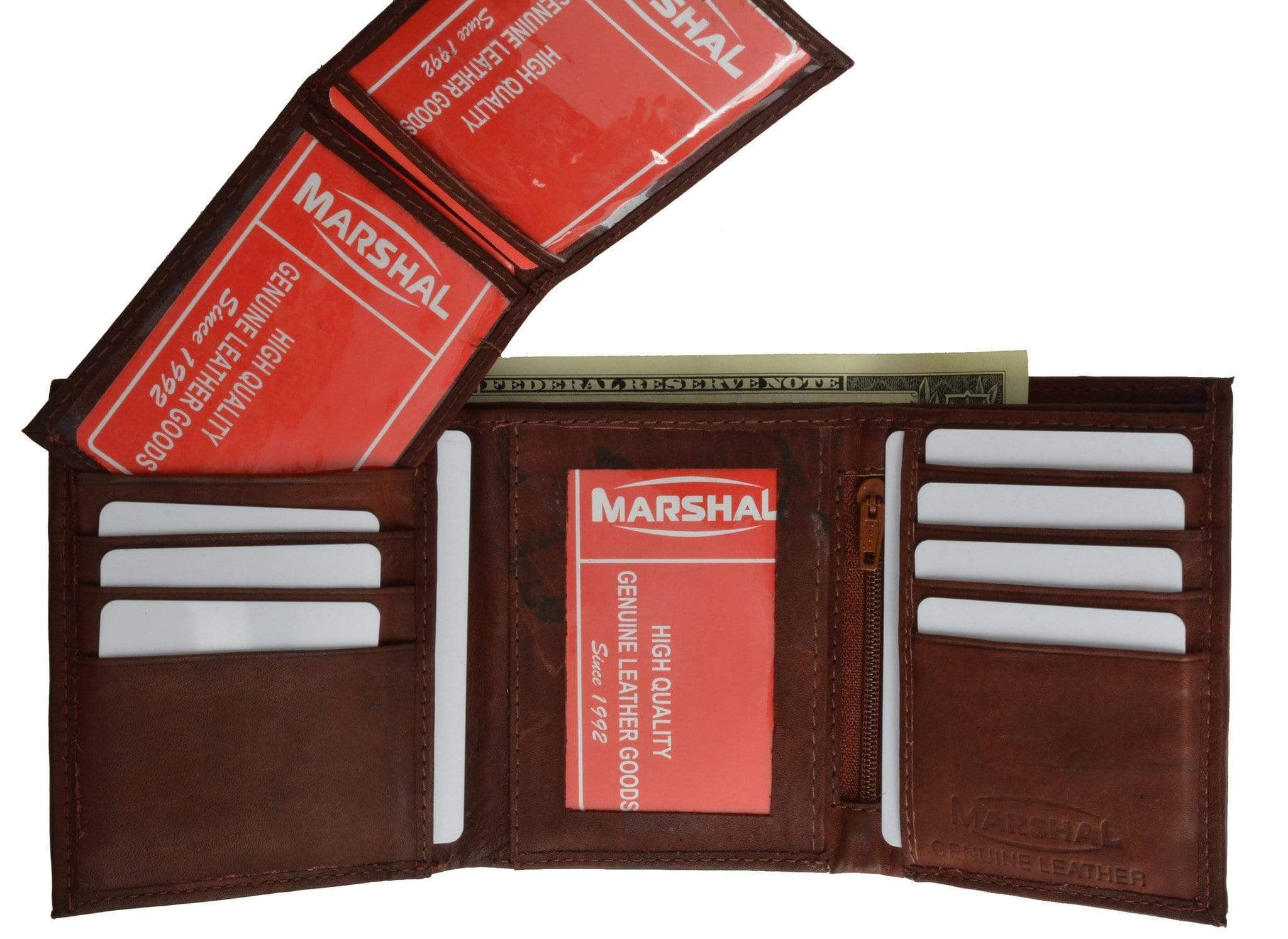 Cowhide Leather Extra Capacity Trifold Wallet with Detachable ID Flap