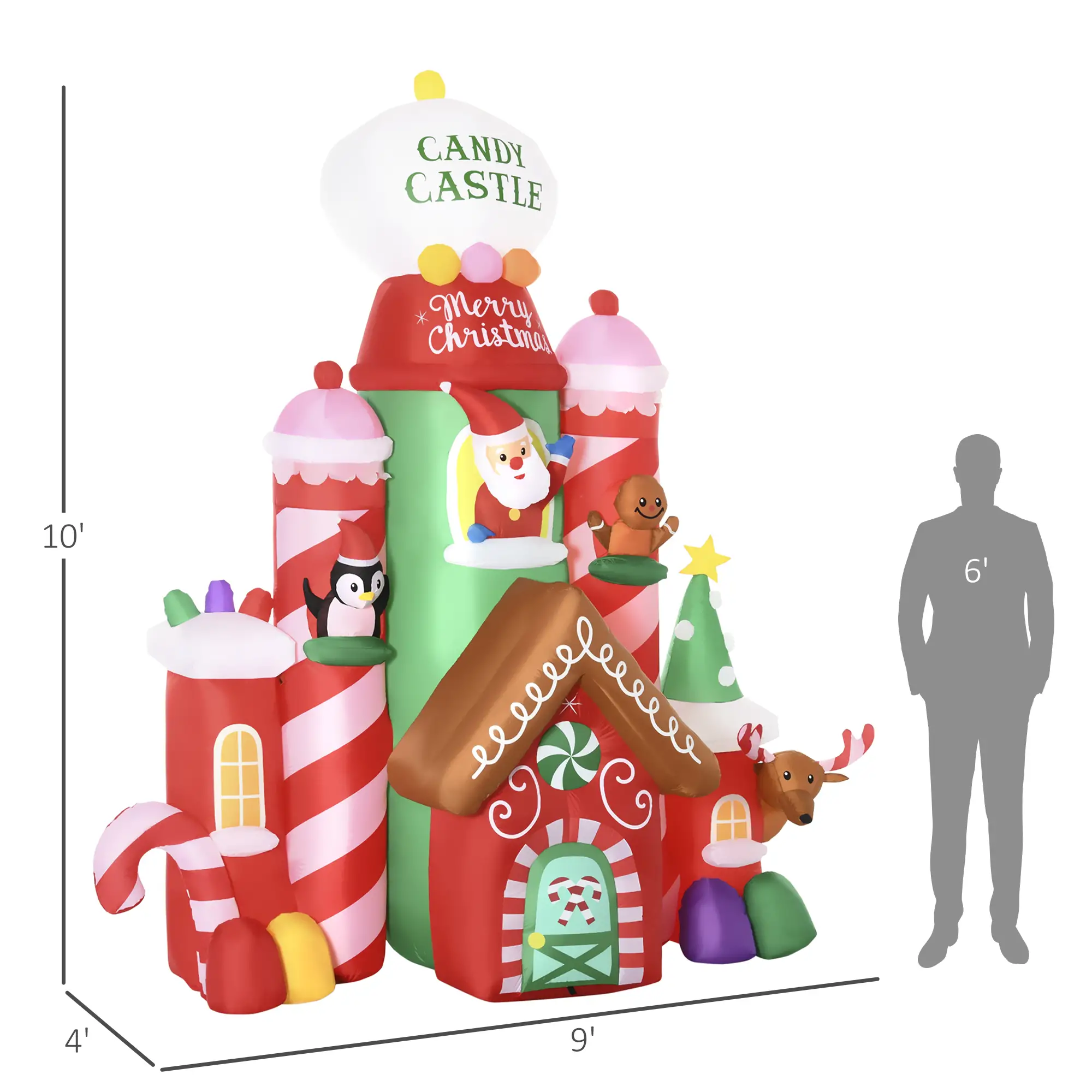 10ft Christmas Inflatables Candy Castle with Santa, Penguin, Gingerbread Man and Elk, Red