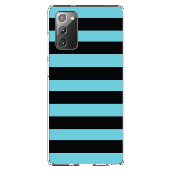 DistinctInk Clear Shockproof Hybrid Case for Galaxy Note 20 ULTRA (6.9" Screen) - TPU Bumper, Acrylic Back, Tempered Glass Screen Protector - Black & Cyan Bold Horizontal Stripes