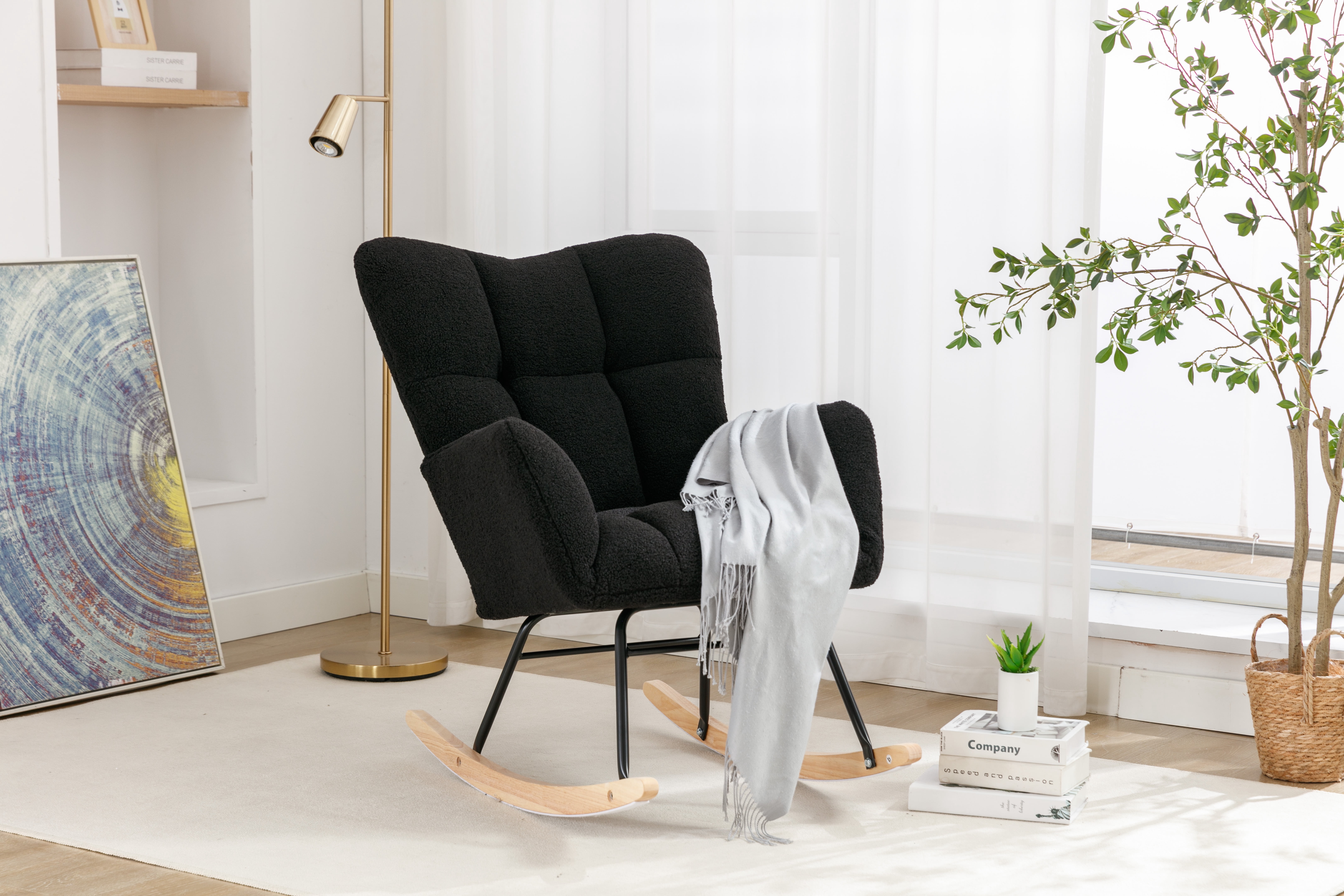 JESTOP Nursery Rocking Chair, Teddy Fabric Upholstered Glider Rocker with High Backrest, Modern Rocking Accent Chairs Comfy Side Chair for Nursery, Bedroom, Living Room