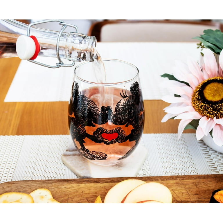 Mickey and Minnie Mouse Pair of Large Hand Painted Wine Glasses 