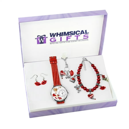 Valentine's Day Silver 4-piece Watch-Bracelet-Necklace-Earrings Jewelry Set