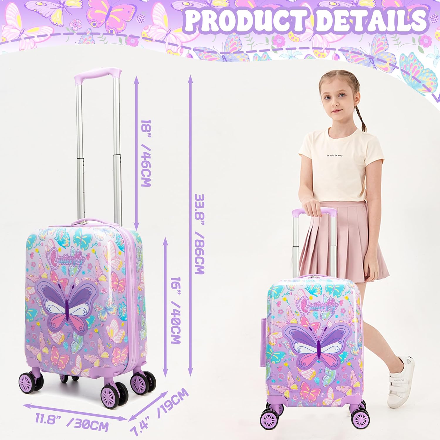 Kids Carry on Luggage Sets for Girls Hard Shell Suitcases with Wheels Hardshell Suitcase with Duffle Bag for Travel Neck Pillow Airplane Butterfly