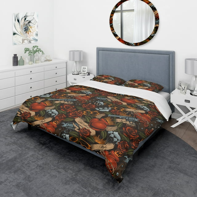 Designart 'Old school tattoo pattern' Floral Bedding Set - Duvet Cover & Shams
